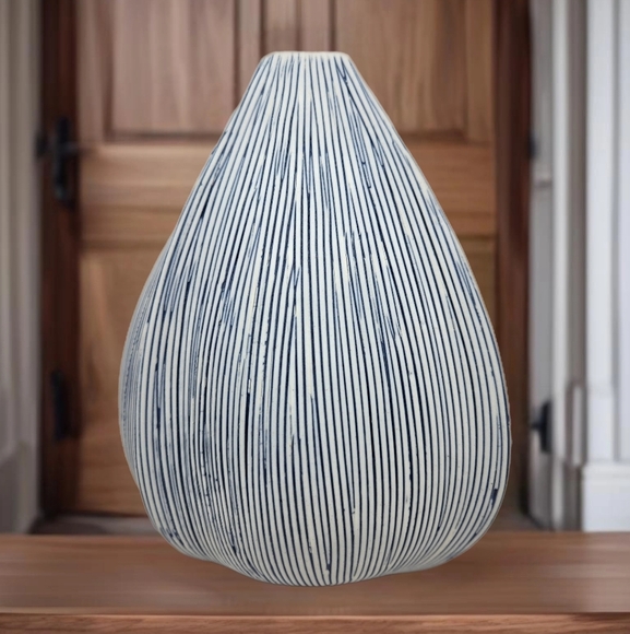 Vase Blue & White Strip Ceramic Unique Shape Modern Timeless Universal Aesthetic - Picture 1 of 8